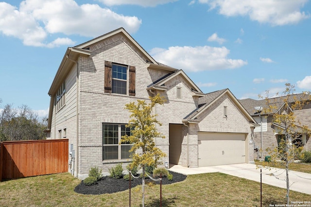 view of front facade with a front yard, fence, concrete driveway, a garage, and brick siding