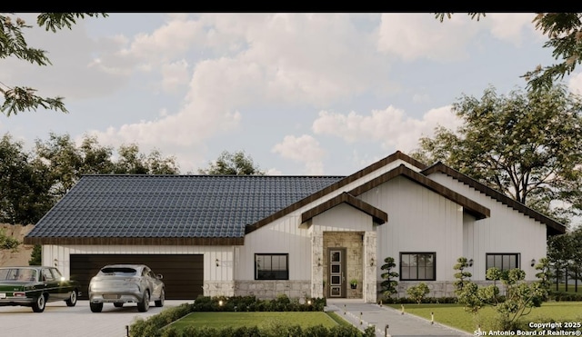 modern farmhouse style home featuring stone siding, a tiled roof, driveway, and a garage