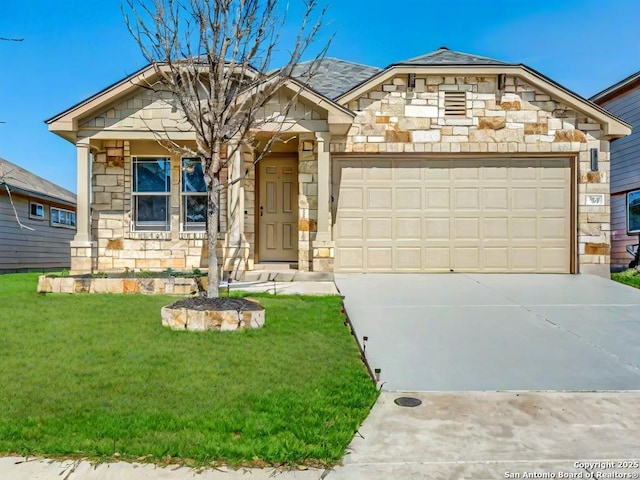 view of front facade featuring concrete driveway, a garage, stone siding, and a front lawn