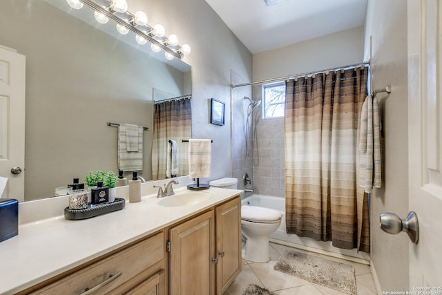 bathroom featuring vanity, tile patterned floors, toilet, and shower / bathtub combination with curtain