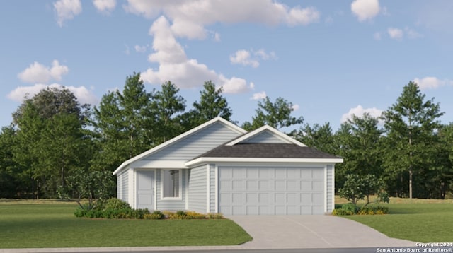 view of front of property with a garage, concrete driveway, and a front lawn