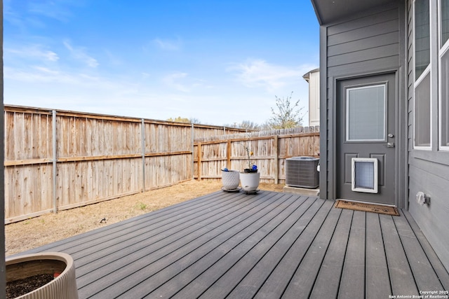 wooden deck with central AC unit and a fenced backyard