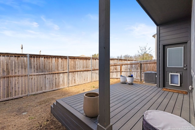 wooden deck with a fenced backyard and central AC