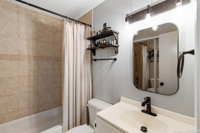 full bathroom with vanity, shower / bath combination with curtain, and toilet