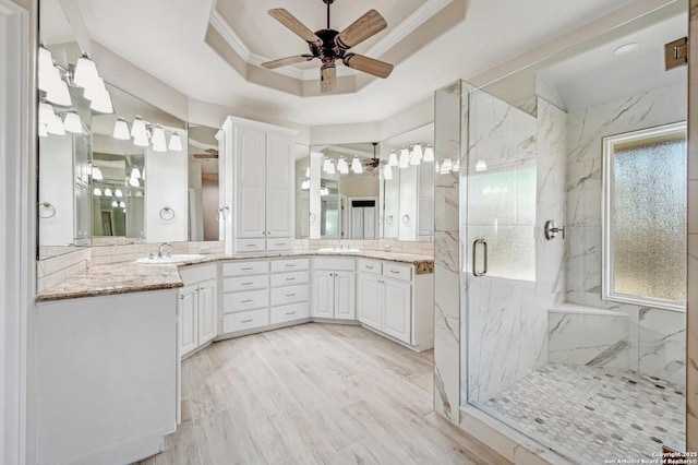 bathroom with wood finished floors, a marble finish shower, a tray ceiling, ceiling fan, and ornamental molding