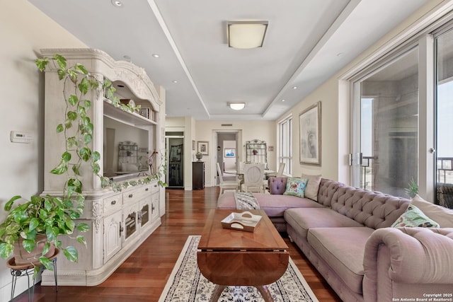 living area featuring plenty of natural light, dark wood-style floors, and recessed lighting