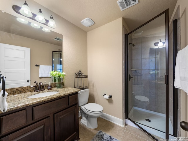 bathroom with tile patterned flooring, visible vents, a stall shower, and toilet