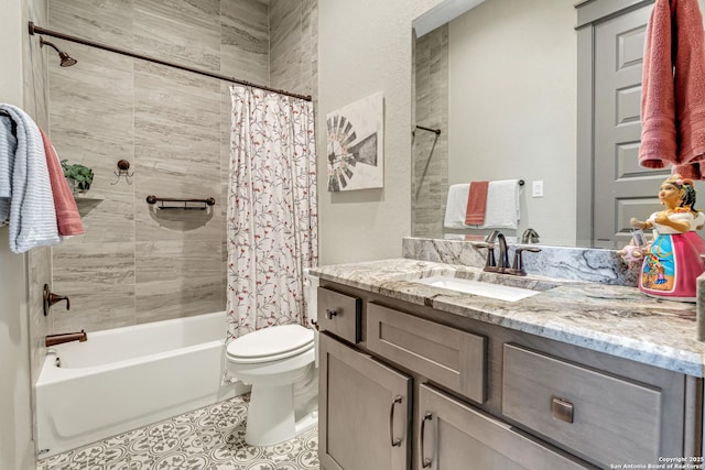 bathroom with vanity, toilet, tile patterned flooring, and shower / tub combo with curtain