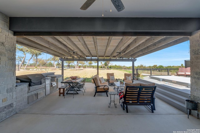 view of patio with outdoor dining space, an outdoor living space, a pergola, and ceiling fan