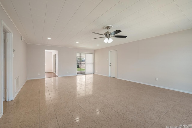 empty room featuring visible vents, a ceiling fan, recessed lighting, light tile patterned flooring, and baseboards