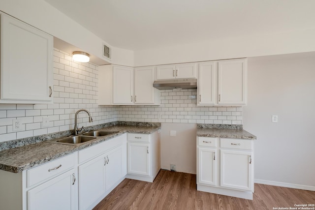 kitchen featuring a sink, under cabinet range hood, light wood-style flooring, and white cabinetry