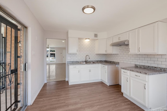 kitchen featuring light wood finished floors, a sink, decorative backsplash, white cabinets, and under cabinet range hood