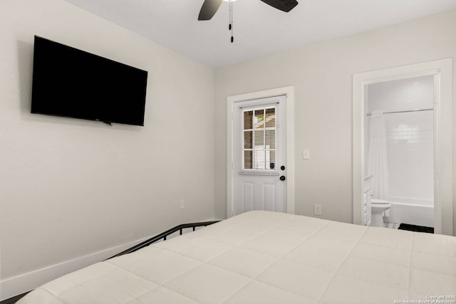 bedroom with ceiling fan and connected bathroom