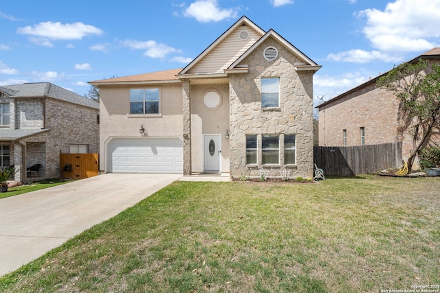 traditional-style house featuring a front yard, fence, driveway, a garage, and stone siding