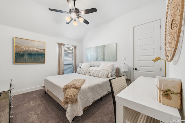 576 Tobacco, New Braunfels, TX 78132 - bedroom with baseboards, vaulted ceiling, ceiling fan, and dark carpet