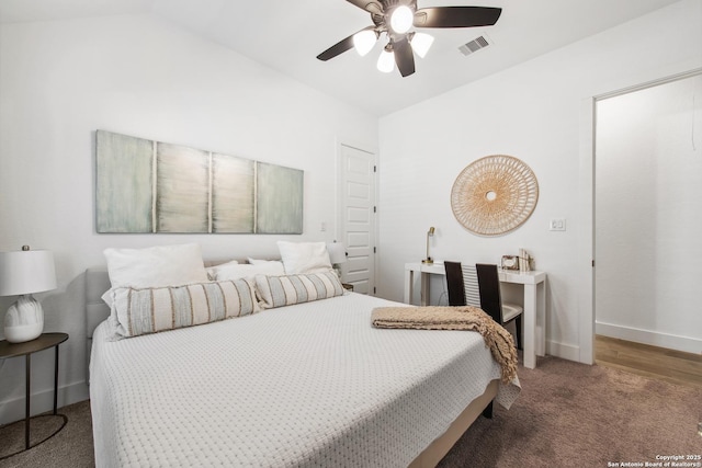 576 Tobacco, New Braunfels, TX 78132 - bedroom featuring a ceiling fan, baseboards, vaulted ceiling, and visible vents