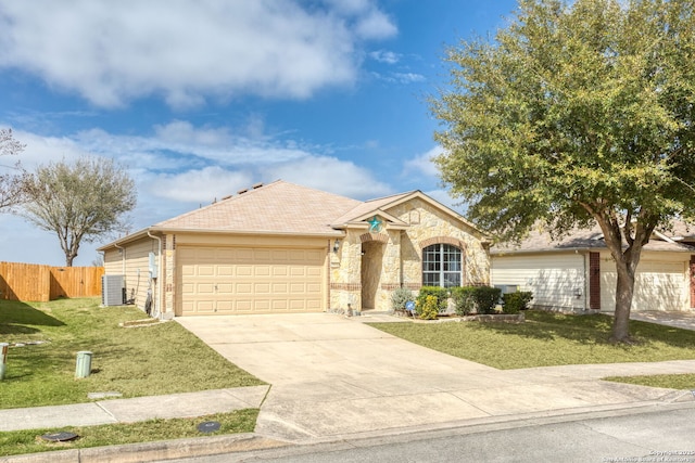 ranch-style home with fence, central AC, a front yard, a garage, and driveway