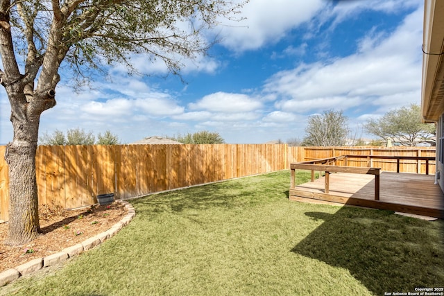 view of yard with a fenced backyard and a wooden deck