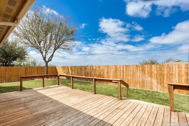 wooden terrace featuring a yard and a fenced backyard