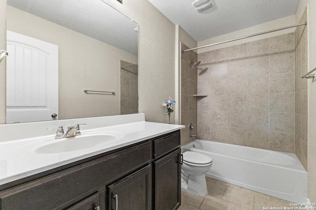 bathroom featuring tile patterned floors, visible vents, toilet, tub / shower combination, and vanity