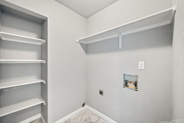 washroom featuring hookup for a washing machine, baseboards, hookup for an electric dryer, laundry area, and marble finish floor