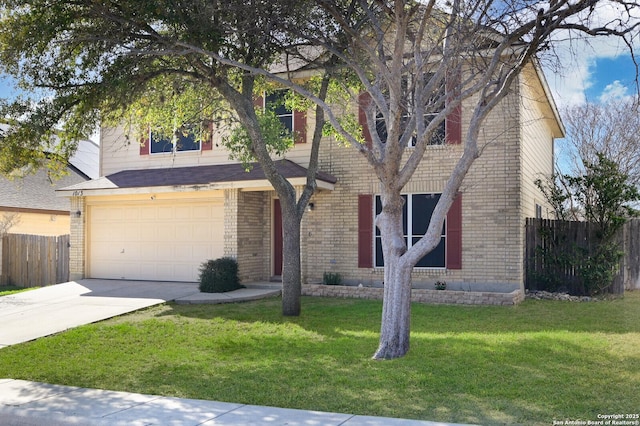 traditional home featuring brick siding, an attached garage, a front lawn, fence, and driveway