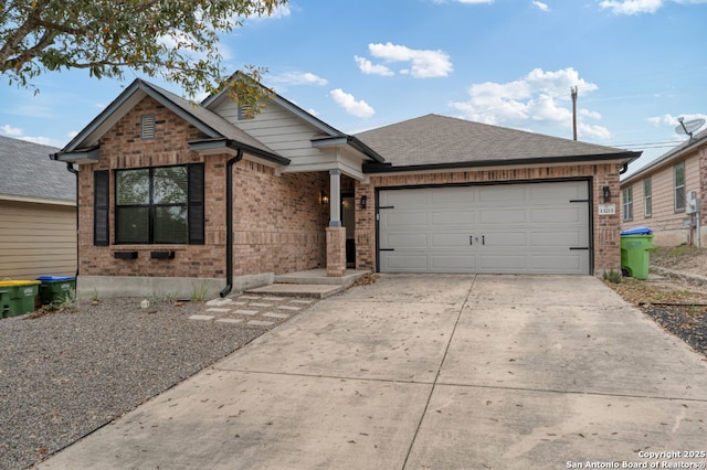 ranch-style house featuring a garage, brick siding, roof with shingles, and driveway