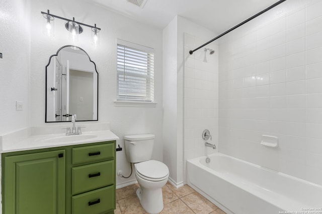 full bath with vanity, visible vents, tile patterned flooring, bathtub / shower combination, and toilet