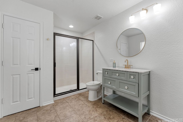 full bathroom featuring visible vents, toilet, a stall shower, a textured wall, and vanity