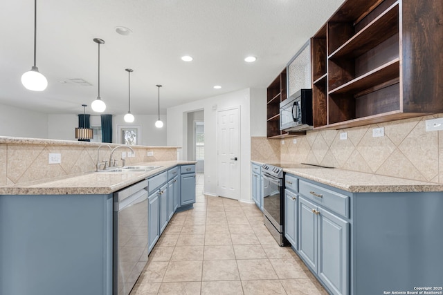 kitchen with blue cabinetry, black microwave, dishwasher, electric stove, and a sink