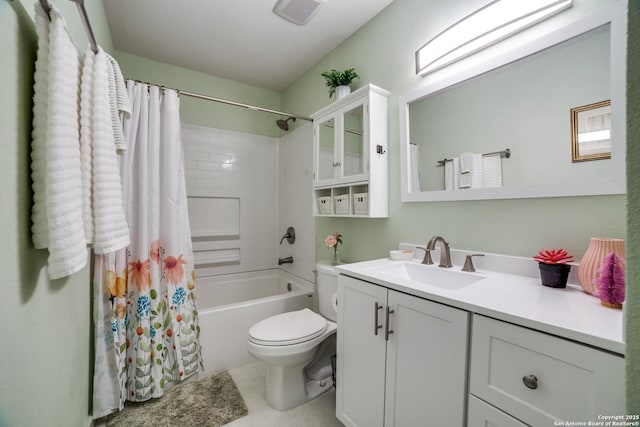 bathroom featuring tile patterned flooring, visible vents, toilet, shower / bath combo, and vanity