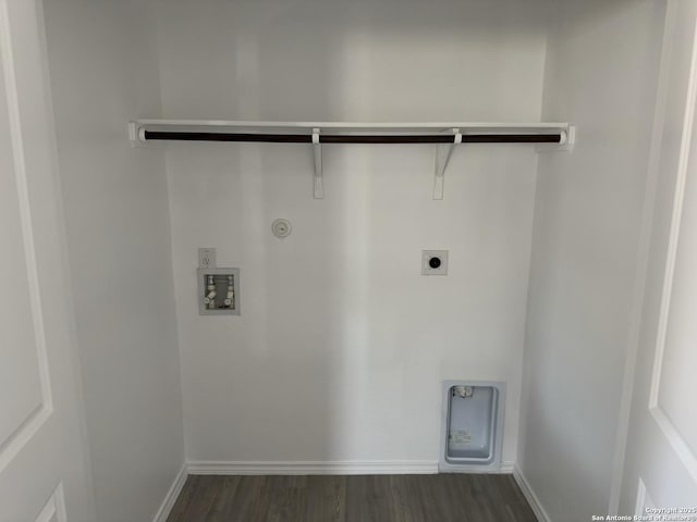 clothes washing area with hookup for a washing machine, hookup for an electric dryer, gas dryer hookup, laundry area, and dark wood-style flooring