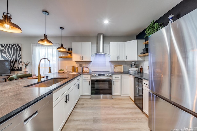 kitchen featuring beverage cooler, open shelves, a sink, stainless steel appliances, and wall chimney range hood