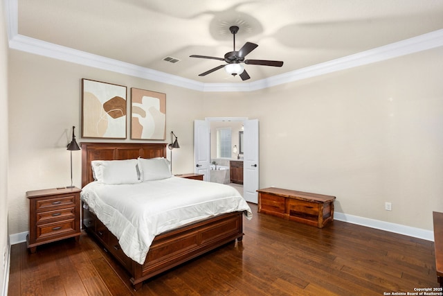 bedroom featuring baseboards, visible vents, dark wood finished floors, ceiling fan, and ornamental molding