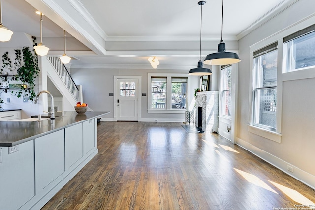 kitchen featuring dark wood-type flooring, a sink, dark countertops, a fireplace, and crown molding