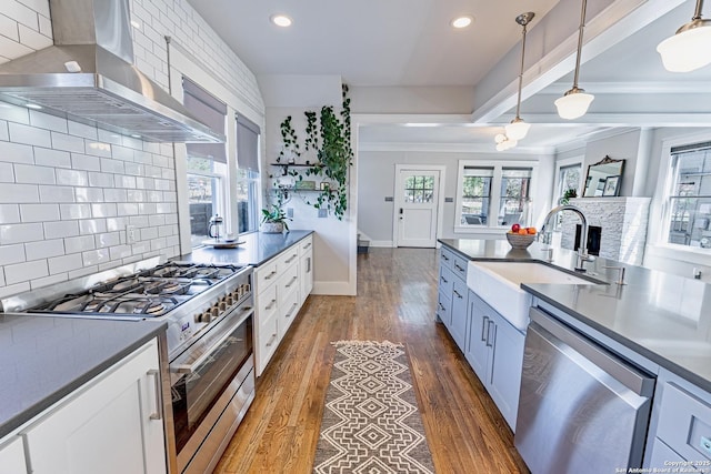 kitchen with dark wood finished floors, a sink, appliances with stainless steel finishes, dark countertops, and wall chimney range hood