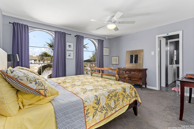 bedroom featuring baseboards, carpet, and ceiling fan