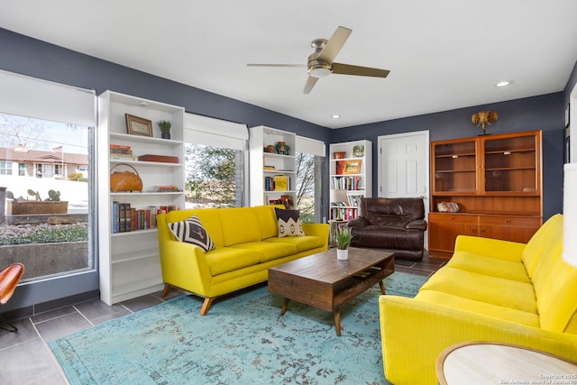 living area with recessed lighting and ceiling fan