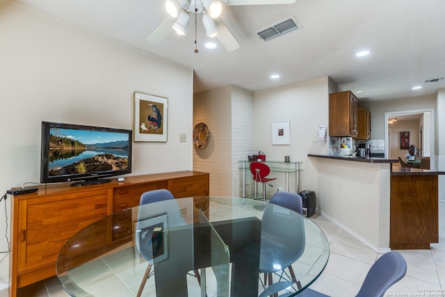dining room with light tile patterned floors, visible vents, recessed lighting, and ceiling fan