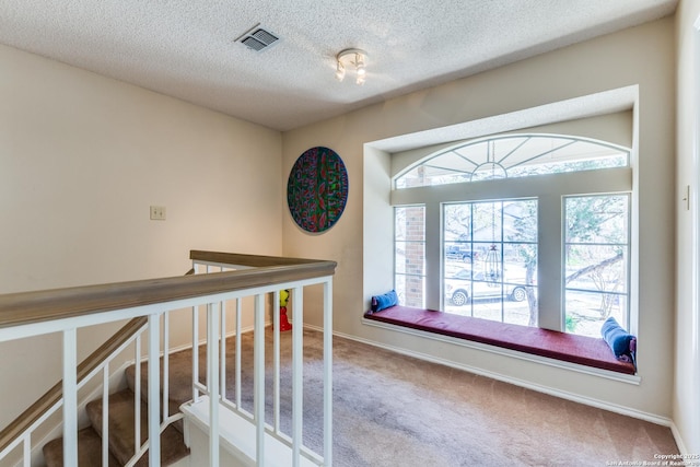 interior space featuring visible vents, a textured ceiling, baseboards, and carpet floors