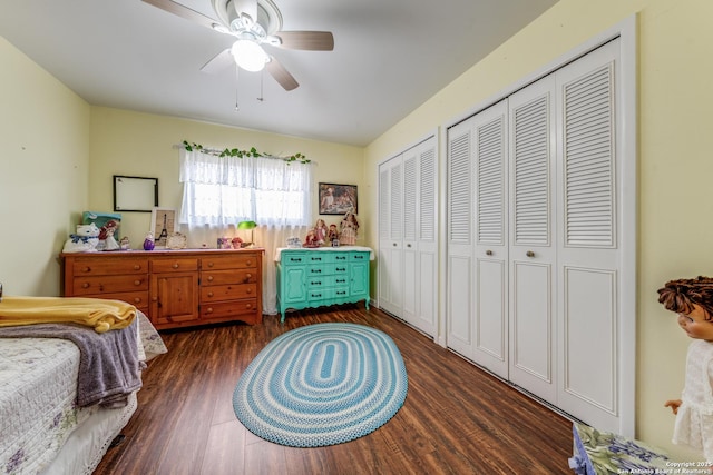 bedroom featuring ceiling fan, multiple closets, and dark wood-style floors