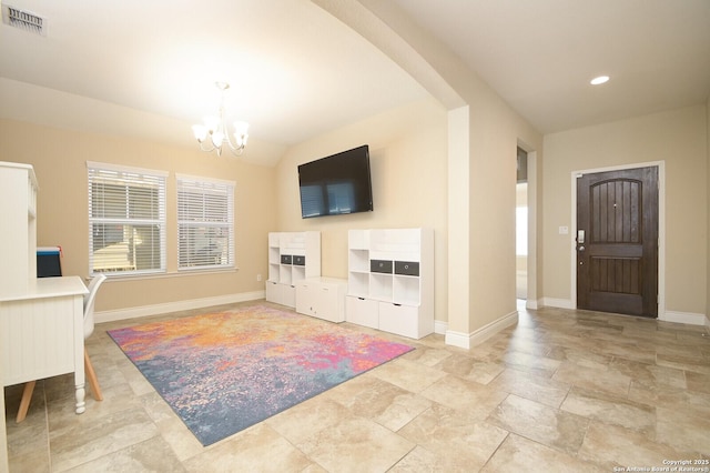 foyer with recessed lighting, baseboards, visible vents, and a chandelier
