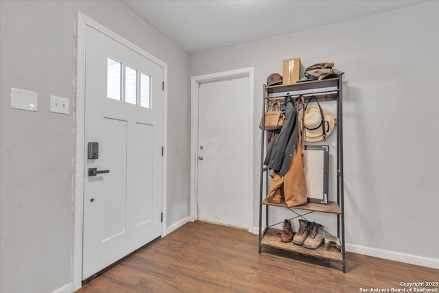 entryway with baseboards and wood finished floors