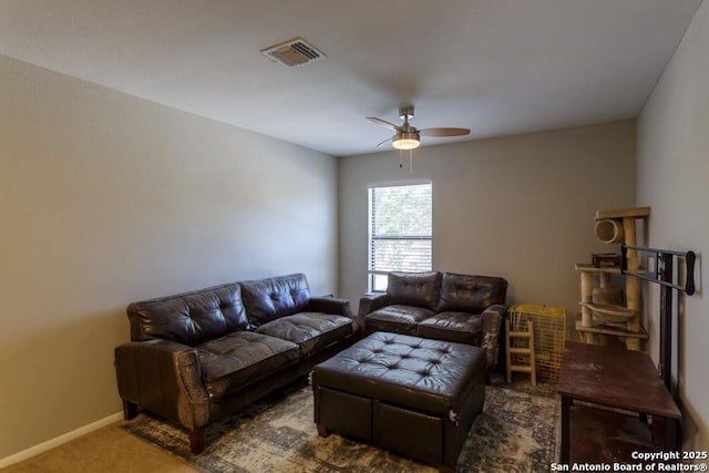 7326 Roveen, San Antonio, TX 78244 - living room featuring carpet flooring, baseboards, visible vents, and ceiling fan