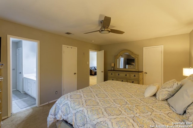 7326 Roveen, San Antonio, TX 78244 - carpeted bedroom with visible vents, ceiling fan, and ensuite bathroom
