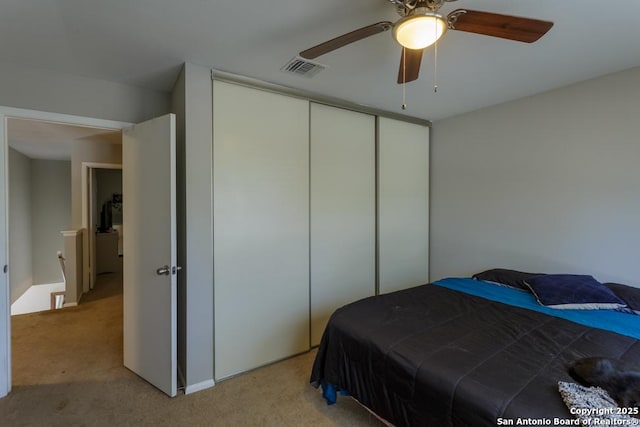 7326 Roveen, San Antonio, TX 78244 - bedroom featuring a closet, light colored carpet, visible vents, and ceiling fan