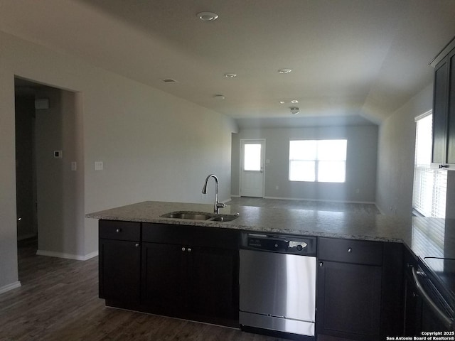 kitchen featuring a sink, stainless steel dishwasher, black range with electric cooktop, light stone countertops, and dark wood-style flooring