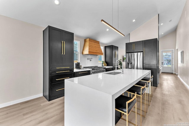 kitchen featuring custom exhaust hood, appliances with stainless steel finishes, dark cabinetry, and a sink