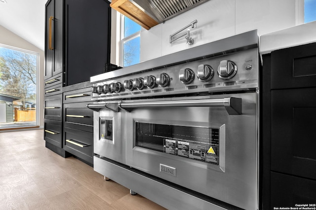 interior details featuring double oven range, dark cabinetry, and light wood-style floors