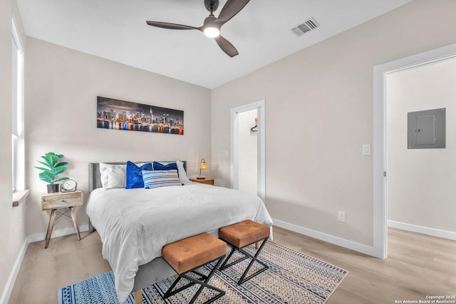 bedroom with visible vents, ceiling fan, baseboards, electric panel, and light wood-style floors